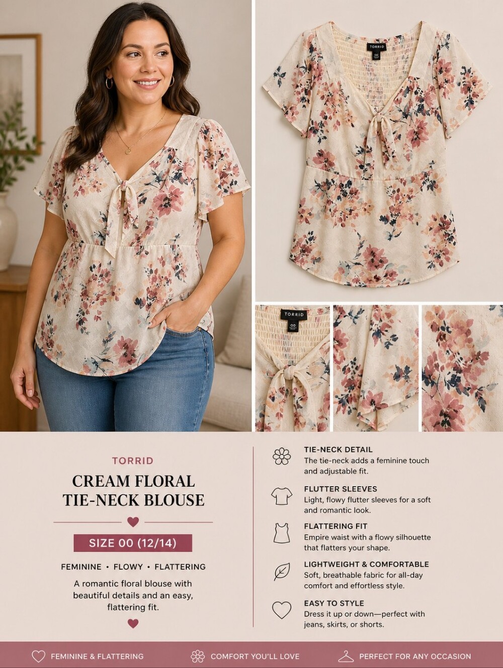 torrid size 00 Cream Floral Tie-Neck Flutter Sleeve Blouse Size 10/12